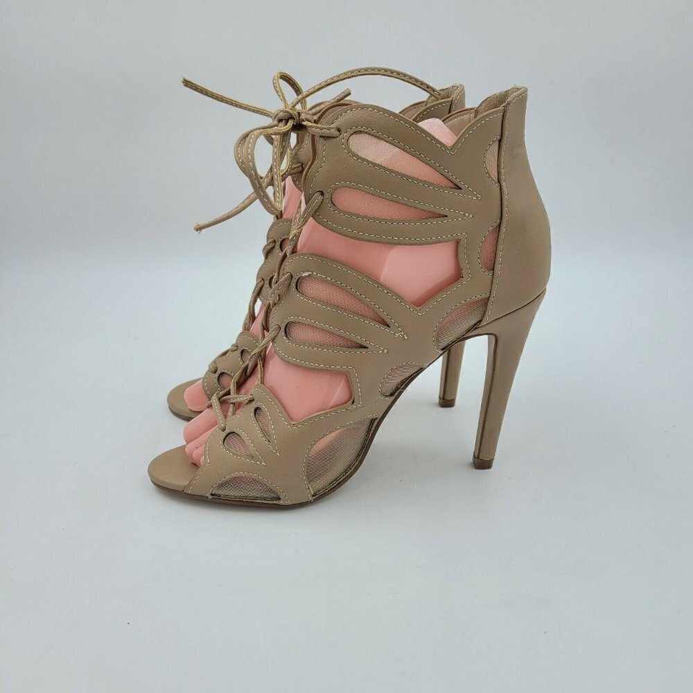 New Look Chic Lace-Up Caged Stiletto Booties Tan Natural Size US 7 / EU 37 Wide - Picture 5 of 10